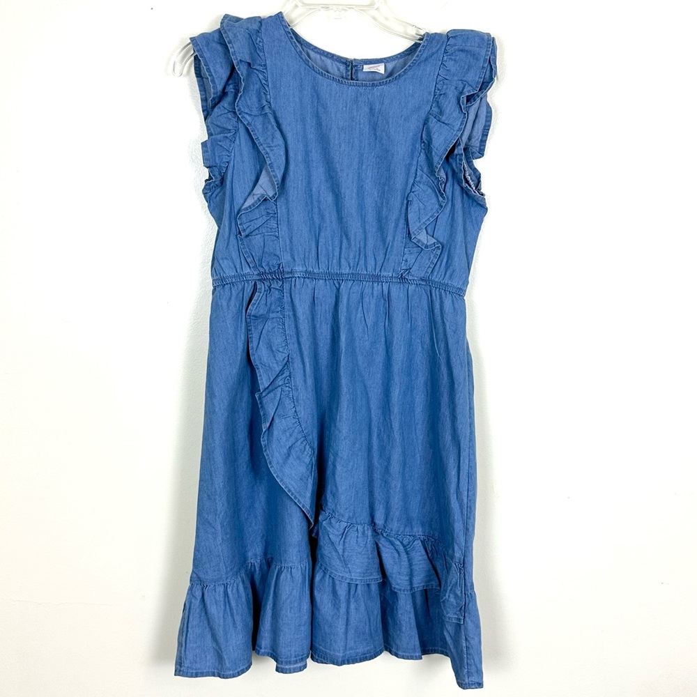 WONDER NATION Girls Light Wash Chambray ruffled sleeveless dress, Size 14/16